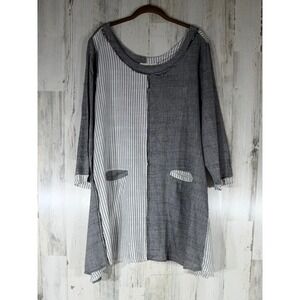 Paper Lace Tunic Large Gray Striped Pockets Lagenlook Boho Artsy Coastal Neutral